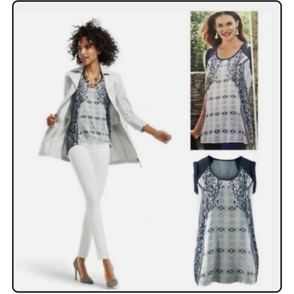 CAbi Navy and White Women's Mixed Print Tunic Size XL
